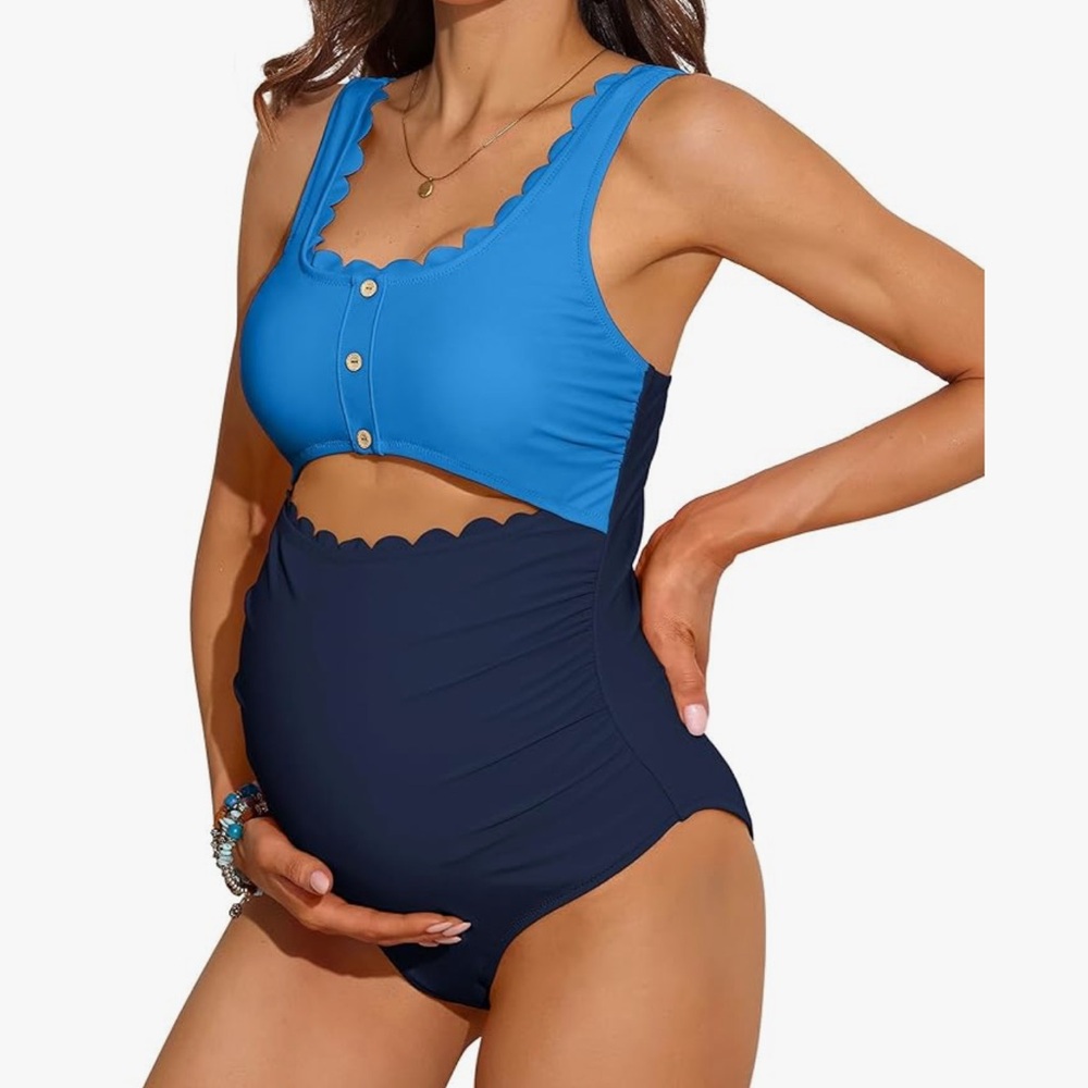 Blue and Navy Scallop Trim Maternity One Piece Swimsuit